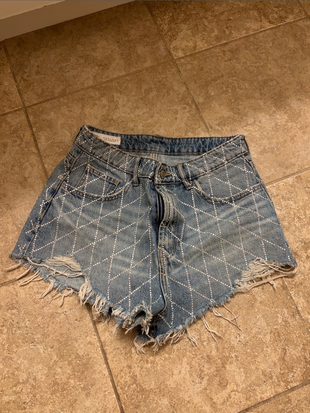 Zara Blue Distressed Rhinestone Diamond-Quilt Denim Shorts